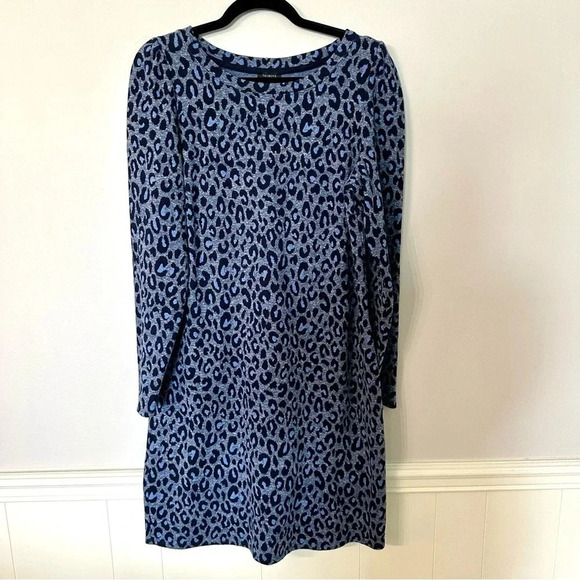 Talbots Women’s Long Sleeve Blue Leopard Print Sweatshirt Cotton Dress Sz L GUC - Picture 2 of 8